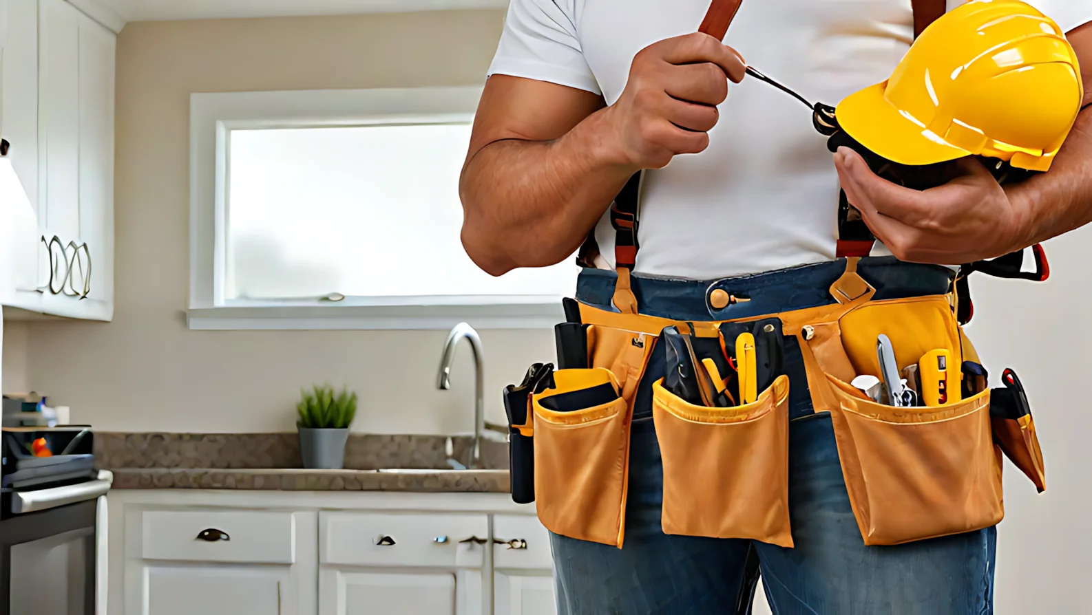 Construction worker midshot in a modern kitchen wearing a tool belt filled with hand tools, holding a yellow hard hat while adjusting a strap, white cabinets and a sink visible behind.